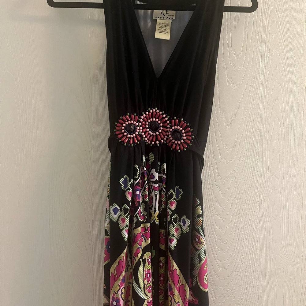 Ice- 6P (Petite) Long gorgeous black, pink, green and purple dress.